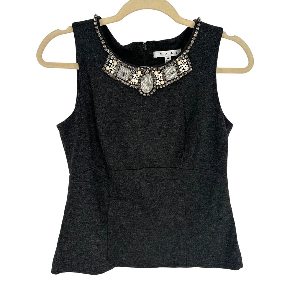 Cabi The Glitz Shell 508 Beaded Collar Blouse Womens 4 Charcoal Gray Top EUC